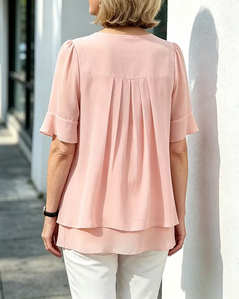 Crew Neck Shirred Ruffle Blouse