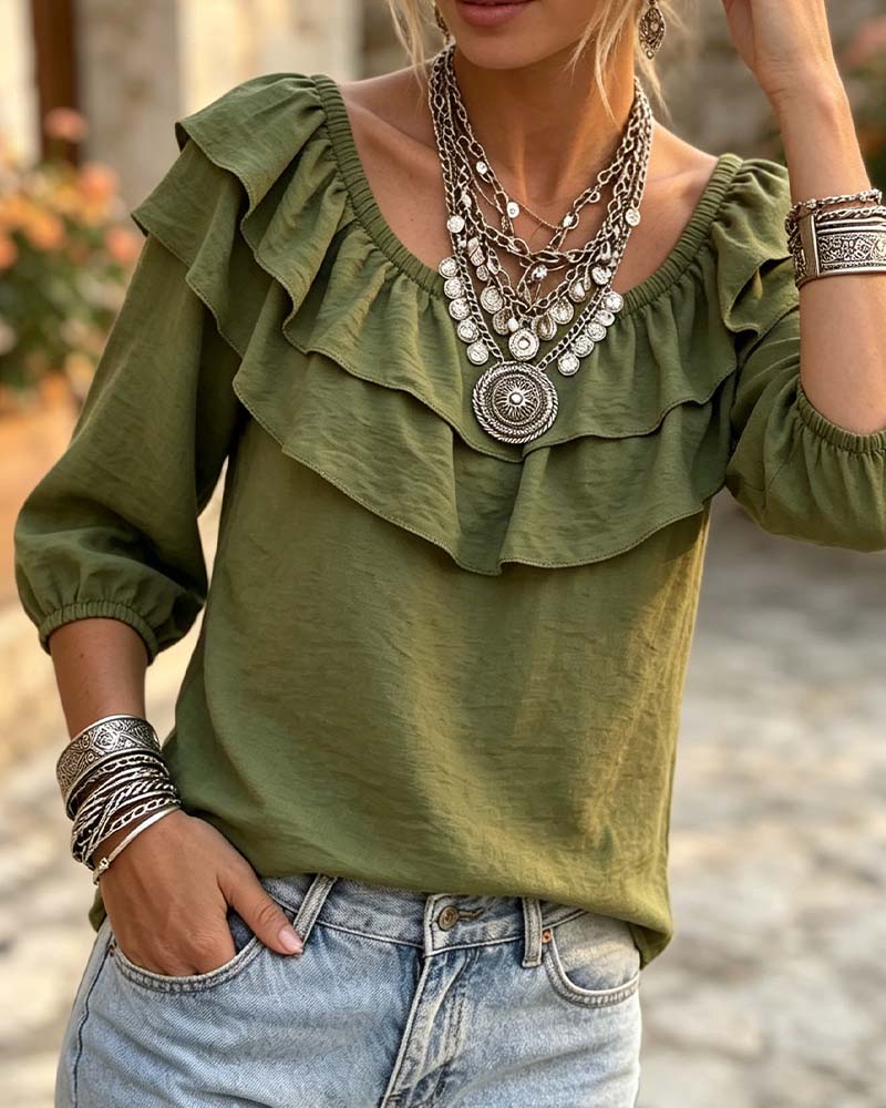 Double Layer Ruffle Three-Quarter Sleeve Blouse