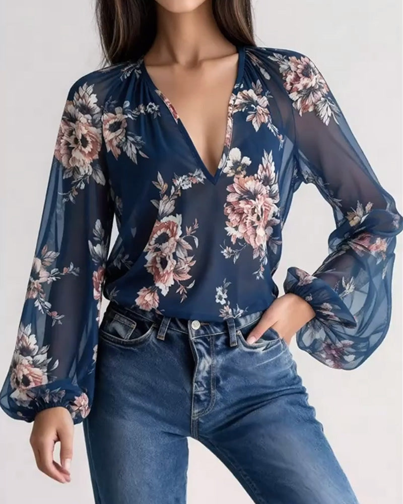 Fashionable Printed V-Neck Long-Sleeved Blouse