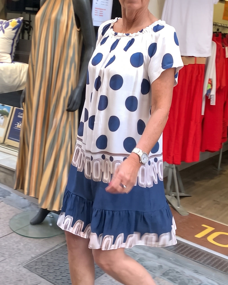Square Neck Large Polka Dot Ruffle Contrast Dress