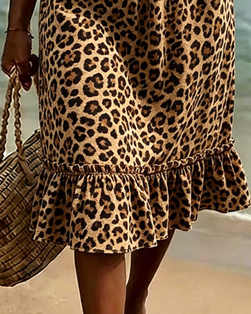 Leopard Print V-Neck Ruffled Dress