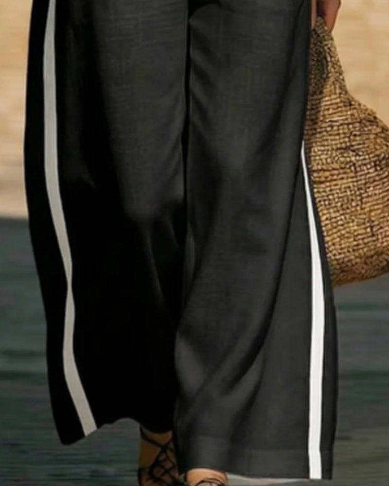 Shirt Lapel Contrast Wide Leg Pant Two-Piece Set