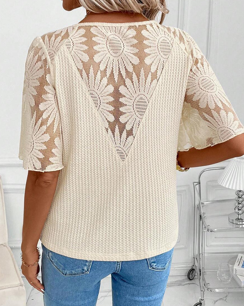 Lace Spliced Sleeve V-Neck Blouse