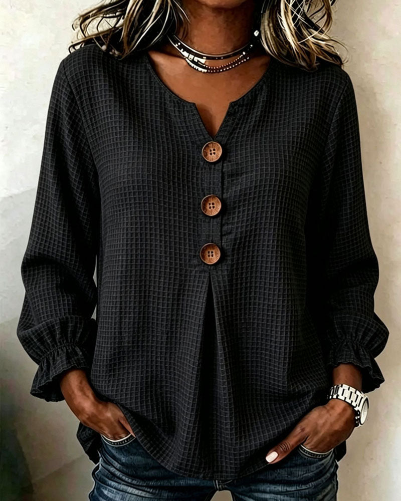 Three-Button Ruffle Sleeve Waffle Knit Long Sleeve Top