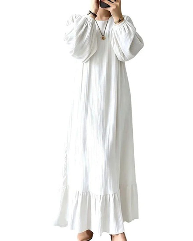 Crew Neck Bubble Sleeve Ruffle Dress