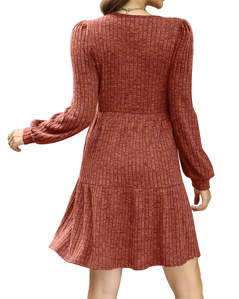 🍂2025 Autumn New Style⏰Women's Square Neck Lantern Sleeve Ribbed Dress