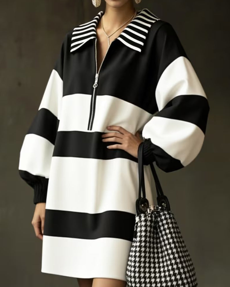 Lantern Sleeve Striped Lapel Zip Dress