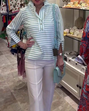 Striped Lapel Three-Quarter Sleeve Blouse