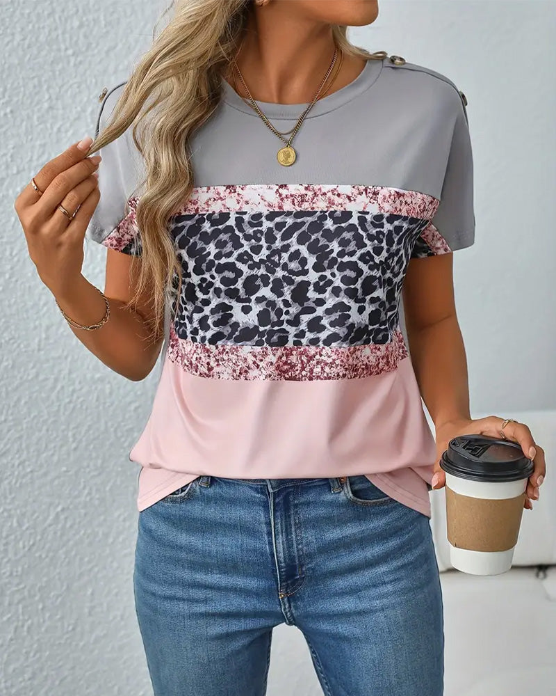 Crew Neck Leopard Print Color Block T-Shirt