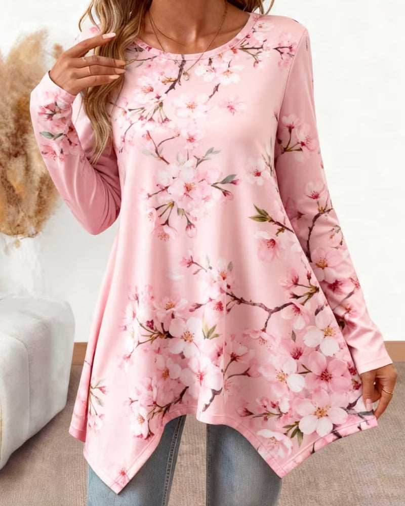 Crew Neck Floral Long Sleeve Blouse