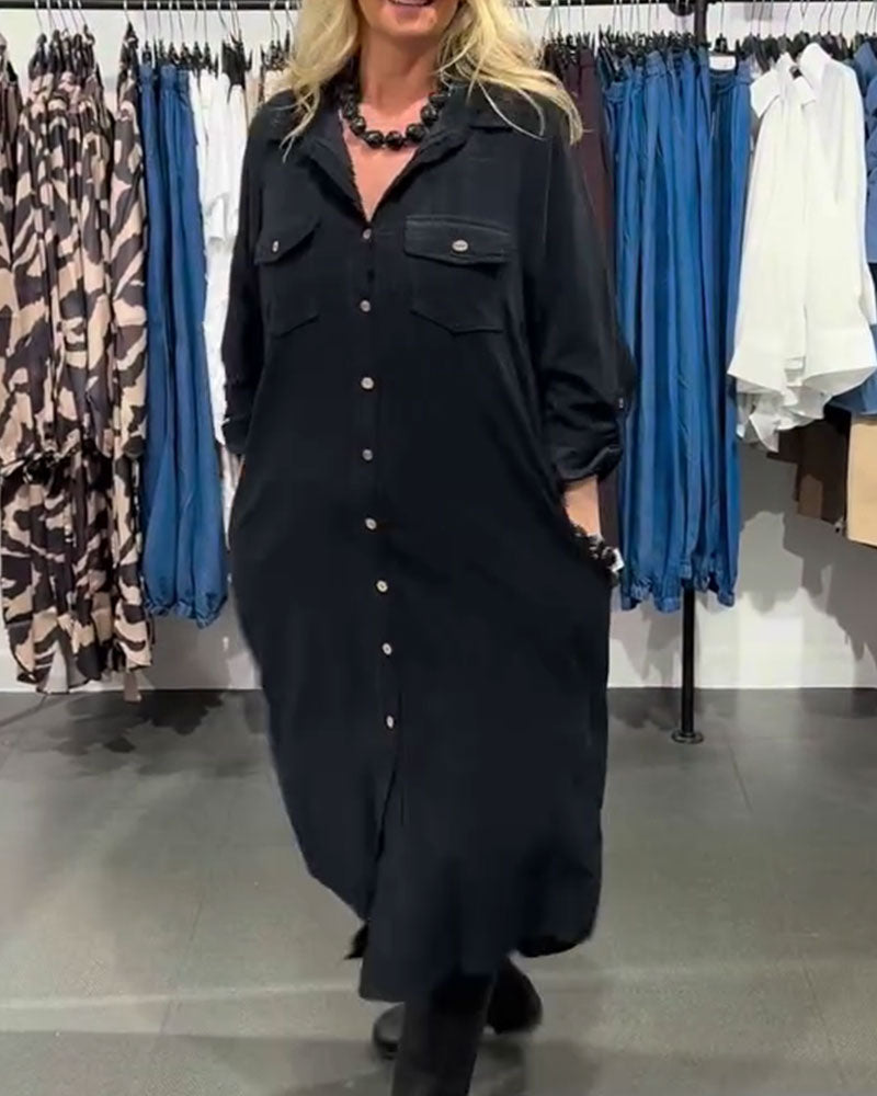 Lapel Pocket-Breasted Long Shirt Dress