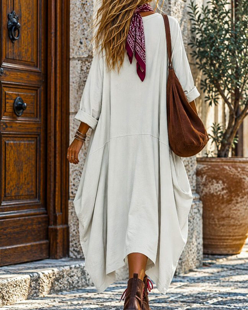 Loose Big Pocket Solid Color Long Dress