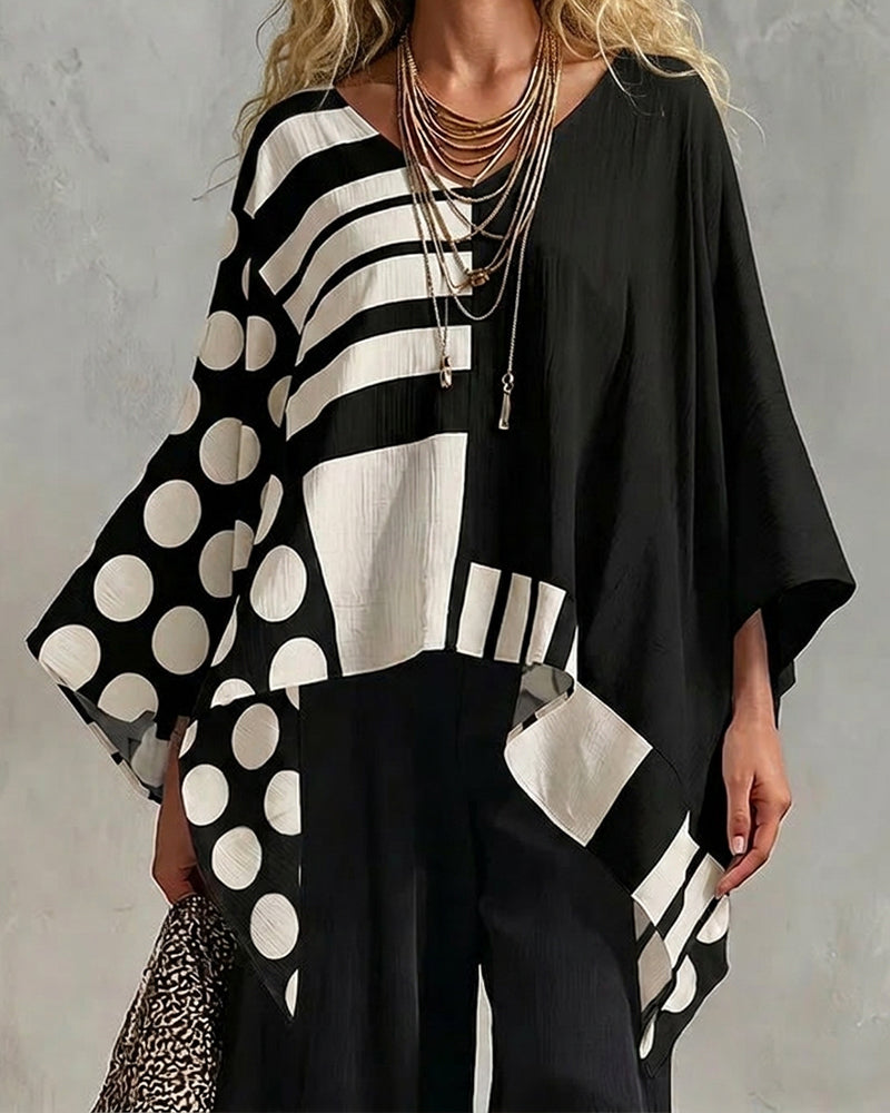 Polka Dot Stripe Patchwork V Neck Blouse