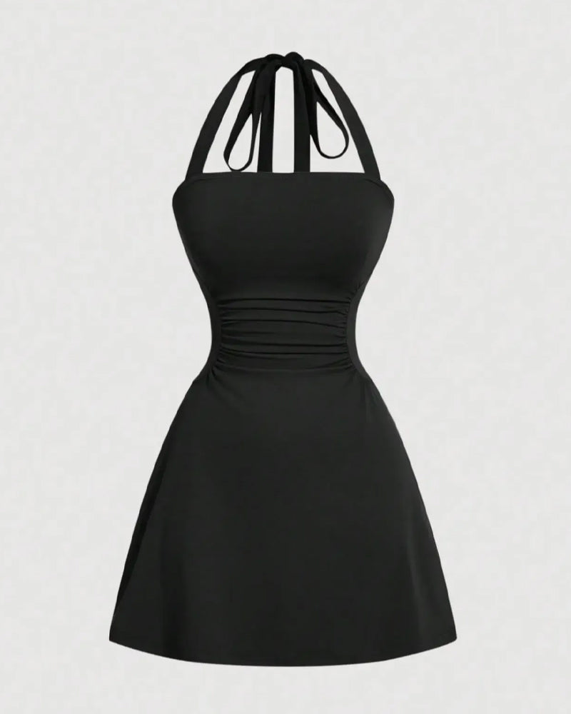 Halterneck Bandage Waist Shirred Dress