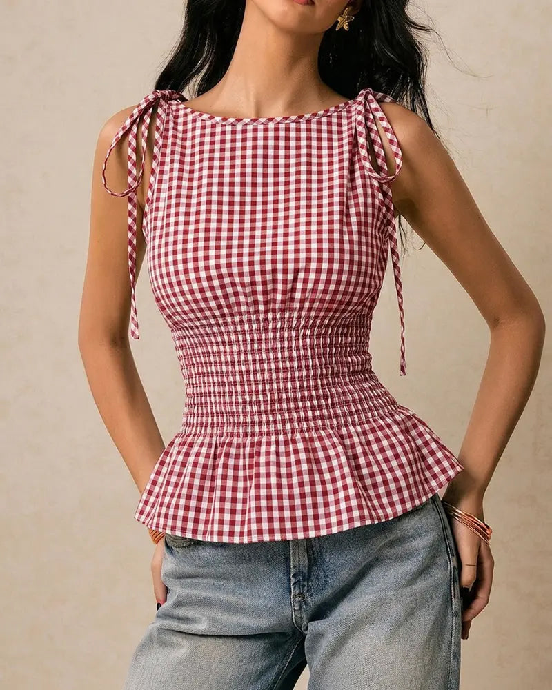 Sleeveless Plaid Tie Waist Blouse