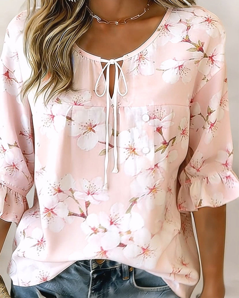 Cherry Blossom Print Tie Blouse