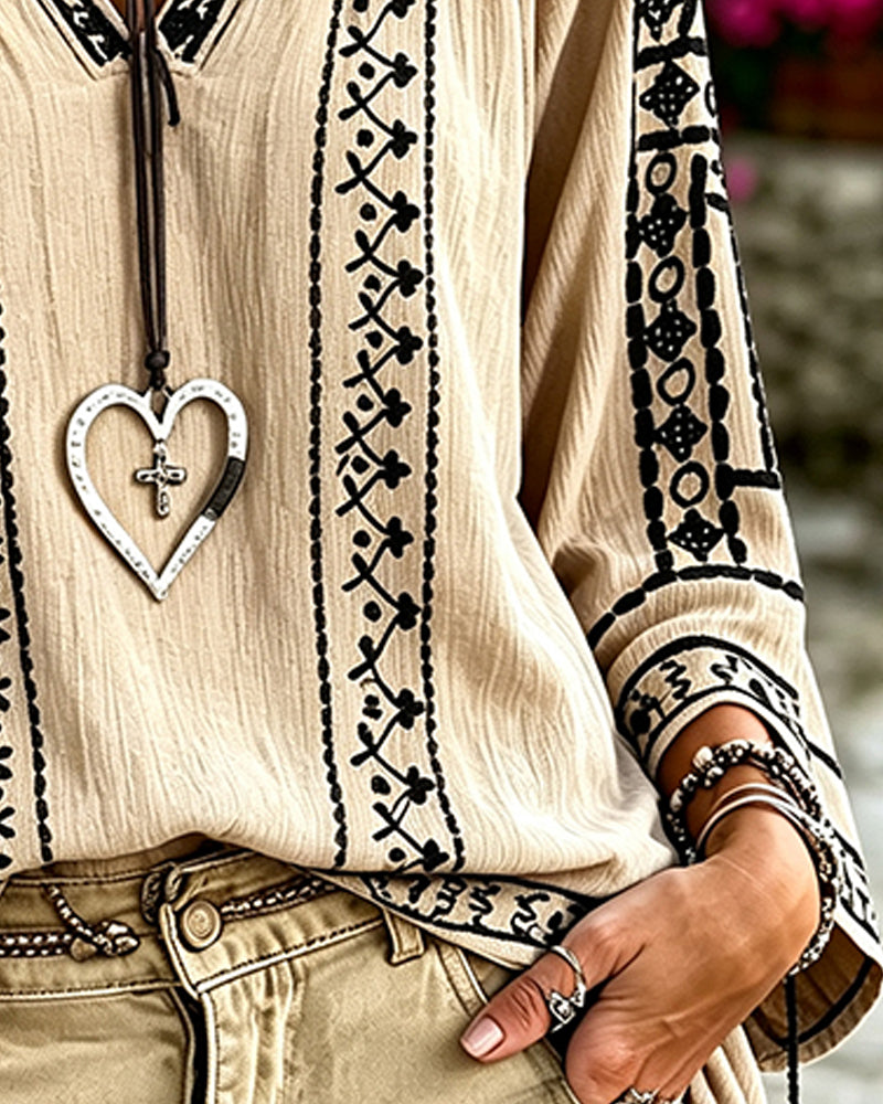 V-Neck Ethnic Mid-Length Sleeve Relaxed Blouse