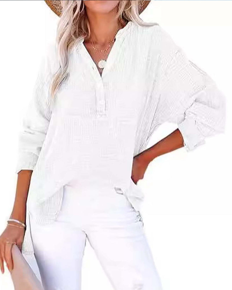 Pleated Button Long Sleeve Blouse