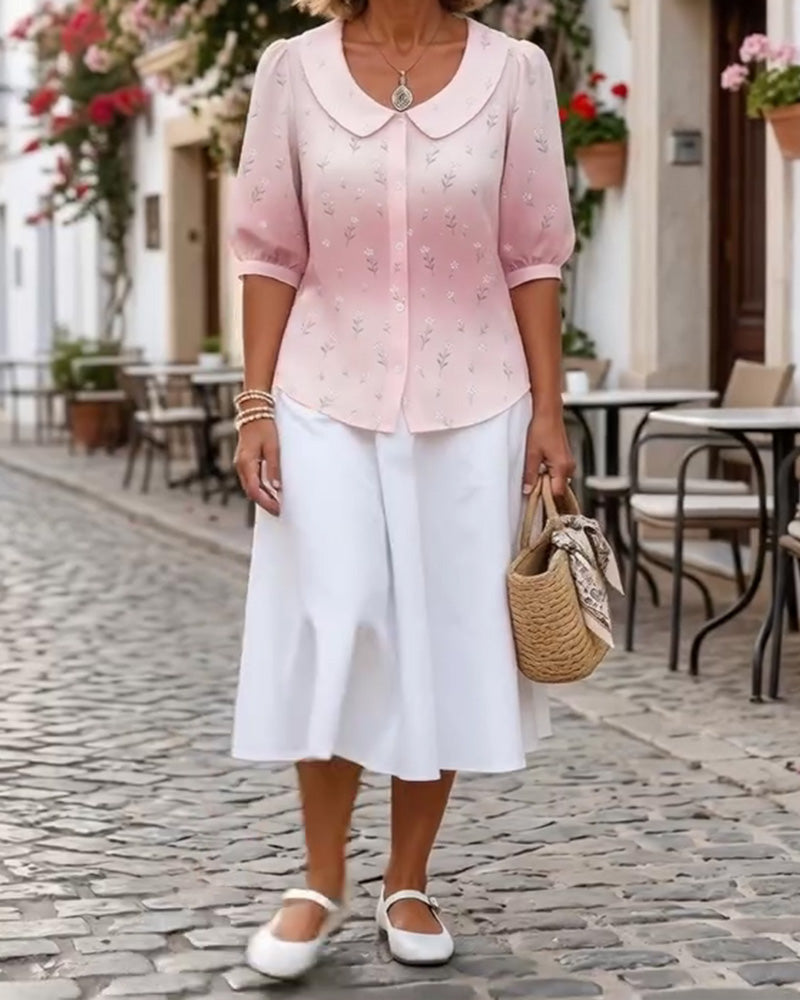 Floral Peter Pan Collar Bubble Sleeve Blouse