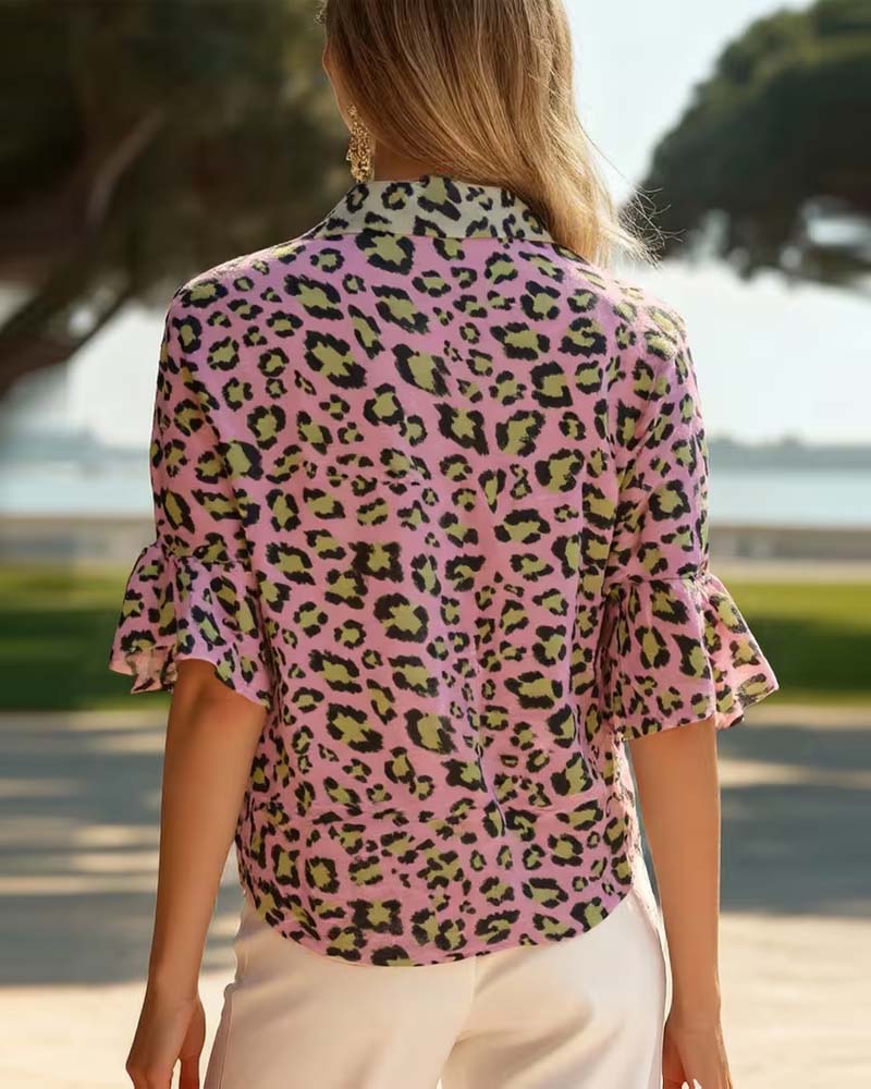 Leopard Print Fashionable Lapel Blouse