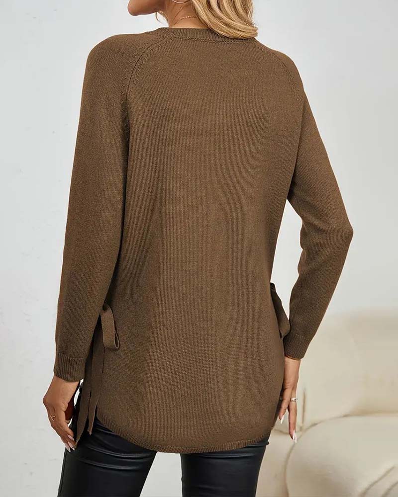 Round Neck Slit Solid Color Pullover