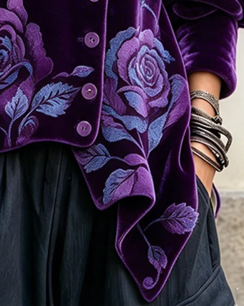 Rose Print Button Irregular Top