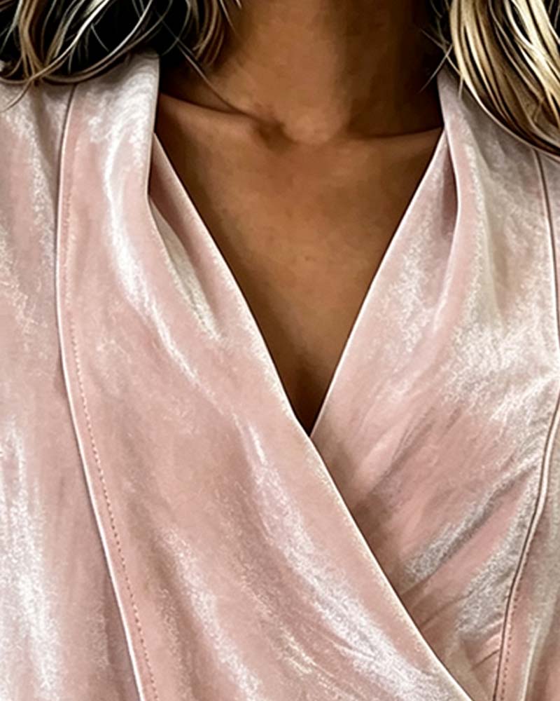 V-Neck Drawstring Cross Over Long Sleeve Blouse