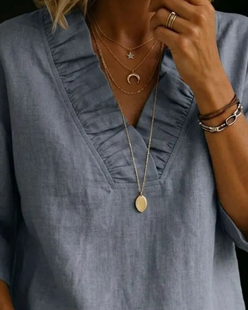 100% Cotton Ruffle V-Neck Three-Quarter Sleeve Blouse