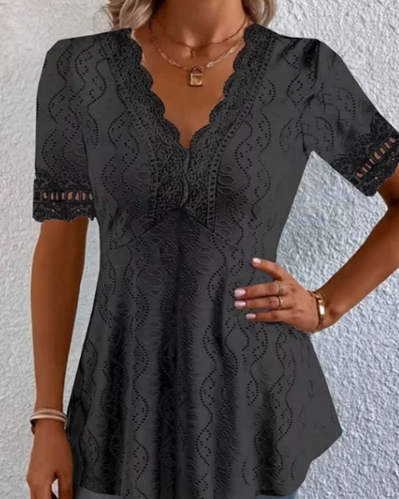 Lace V-Neck Hollow Out Blouse