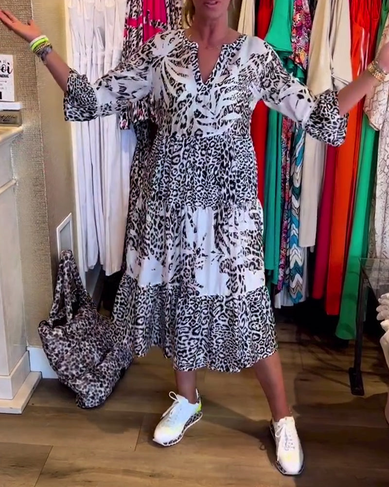 Leopard print 3/4 sleeve casual dress
