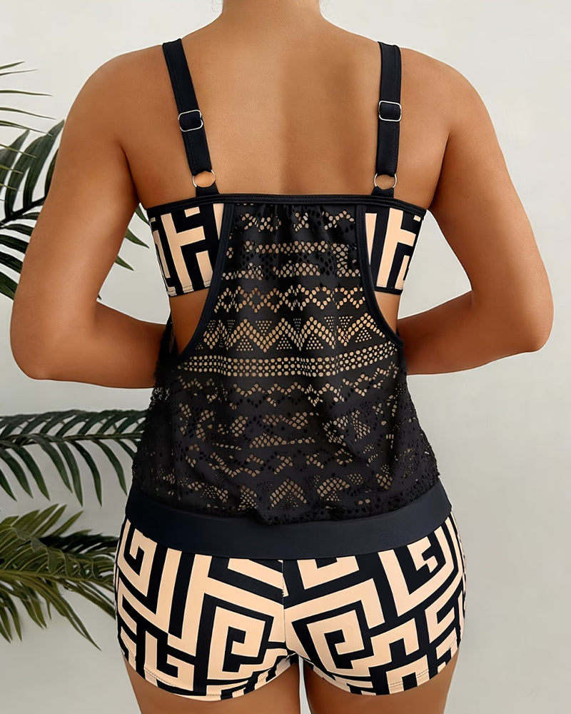 Lace Cutout Geometric Print Tankini