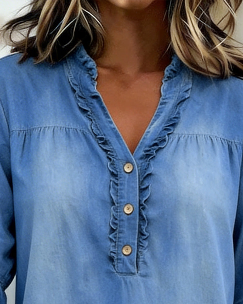 Ruffle V-Neck Denim Dress