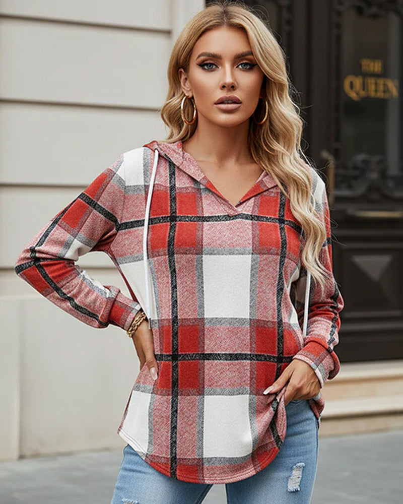 Women's Plaid V-Neck Hooded Long Sleeve Drawstring Sweater