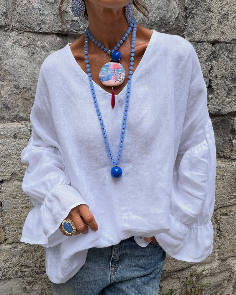 V-Neck Ruffle Relaxed Solid Color Blouse