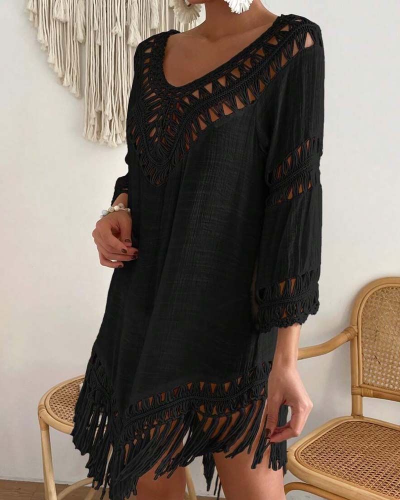 V-Neck Solid Color Hollow Cover Up
