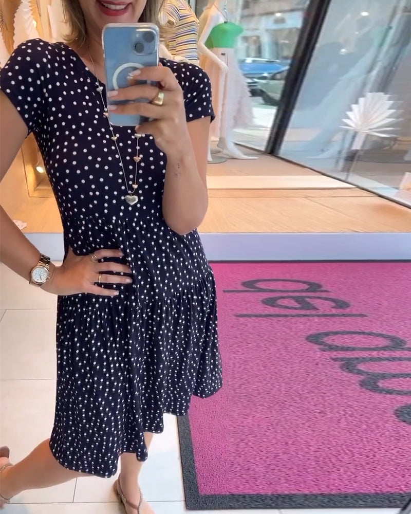 Casual short sleeve polka dot dress – iktops