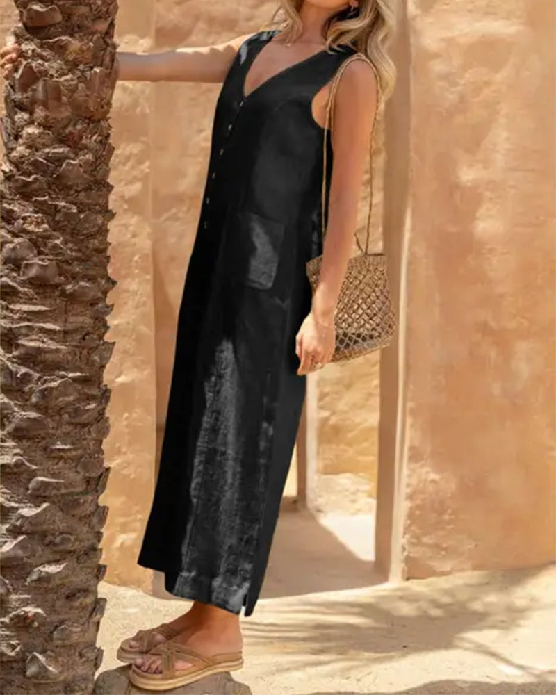 V-Neck Single-Breasted Sleeveless Jumpsuit