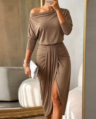 One-Shoulder Batwing Sleeve High Waist Slit Dress