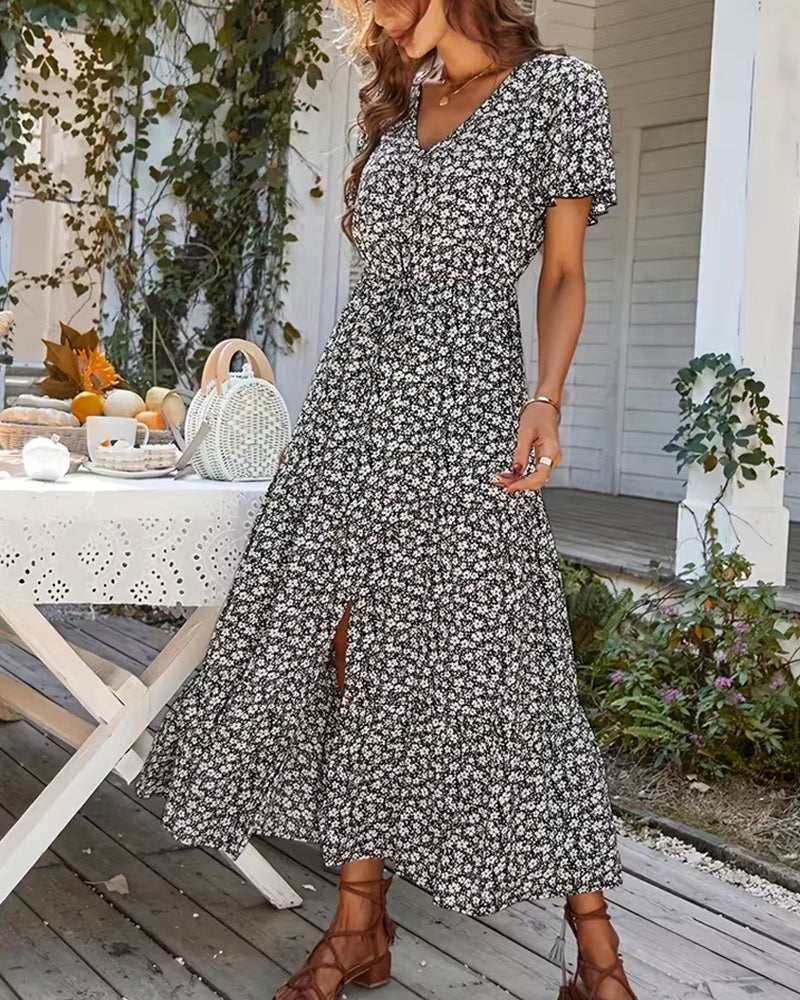V-Neck Floral Slit Long Dress