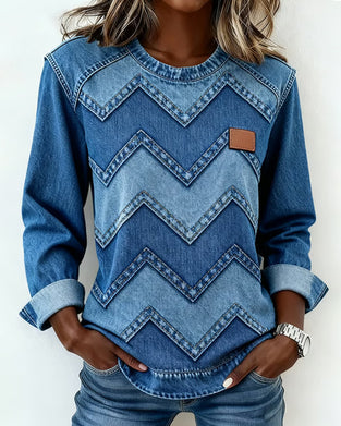 Denim Print Casual Long-Sleeve Sweatshirt