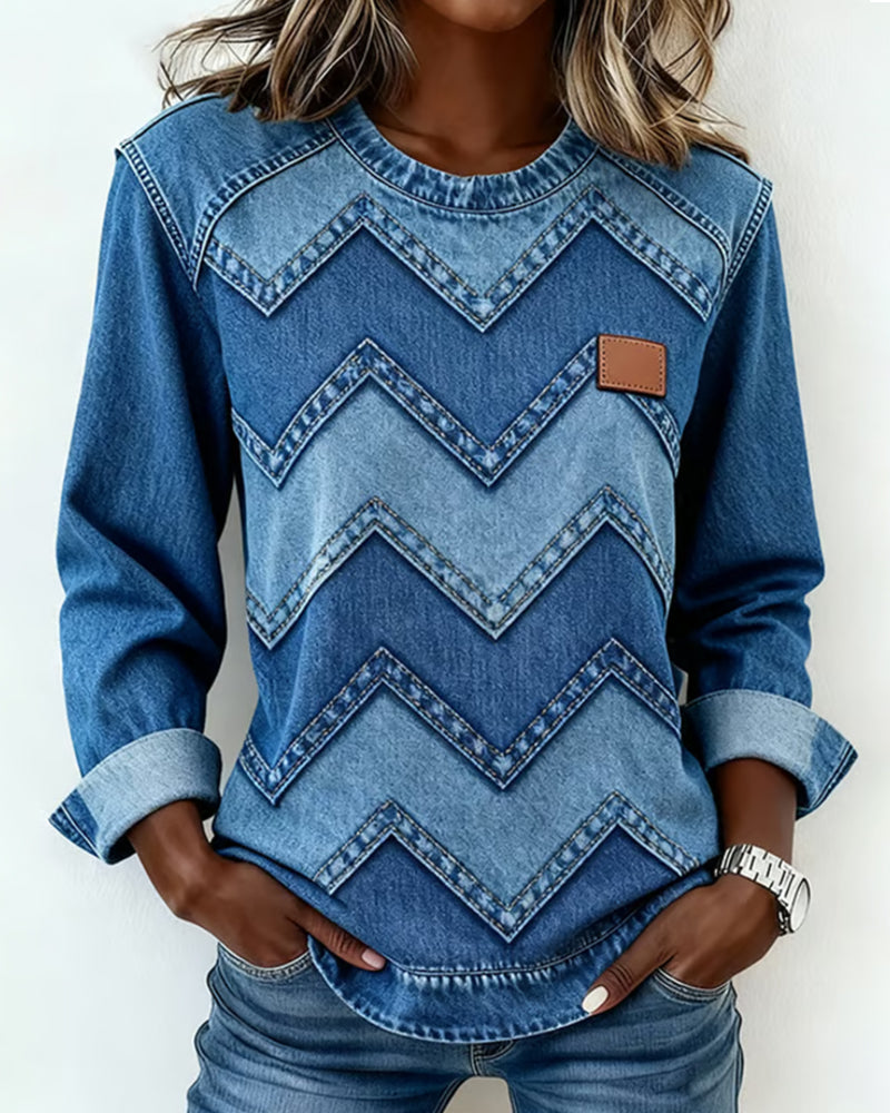 Denim Print Casual Long-Sleeve Sweatshirt