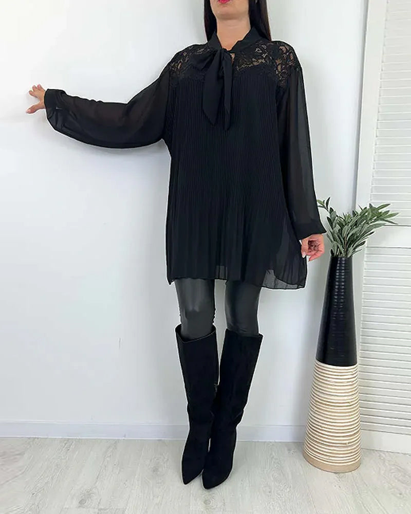 Solid Color Ribbon Pleated Loose Blouse