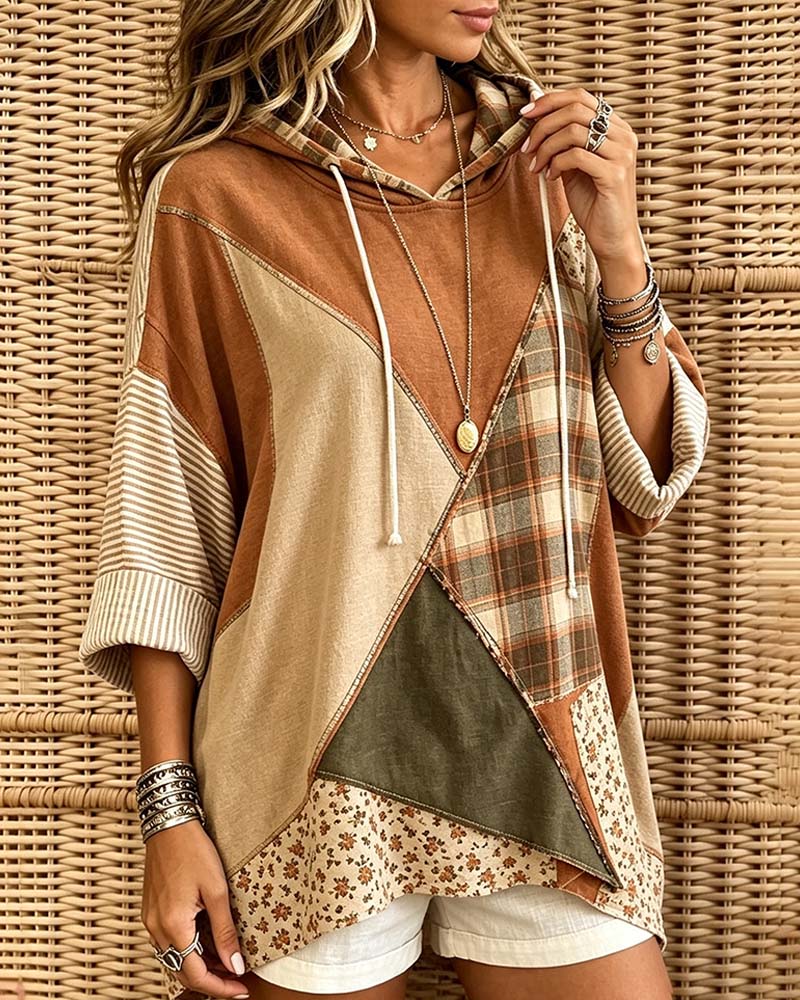 Plaid Stripe Floral Patchwork Hoodie