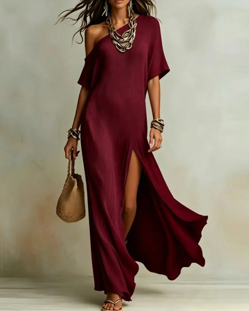 Off-Shoulder Slit Batwing Sleeve Dress