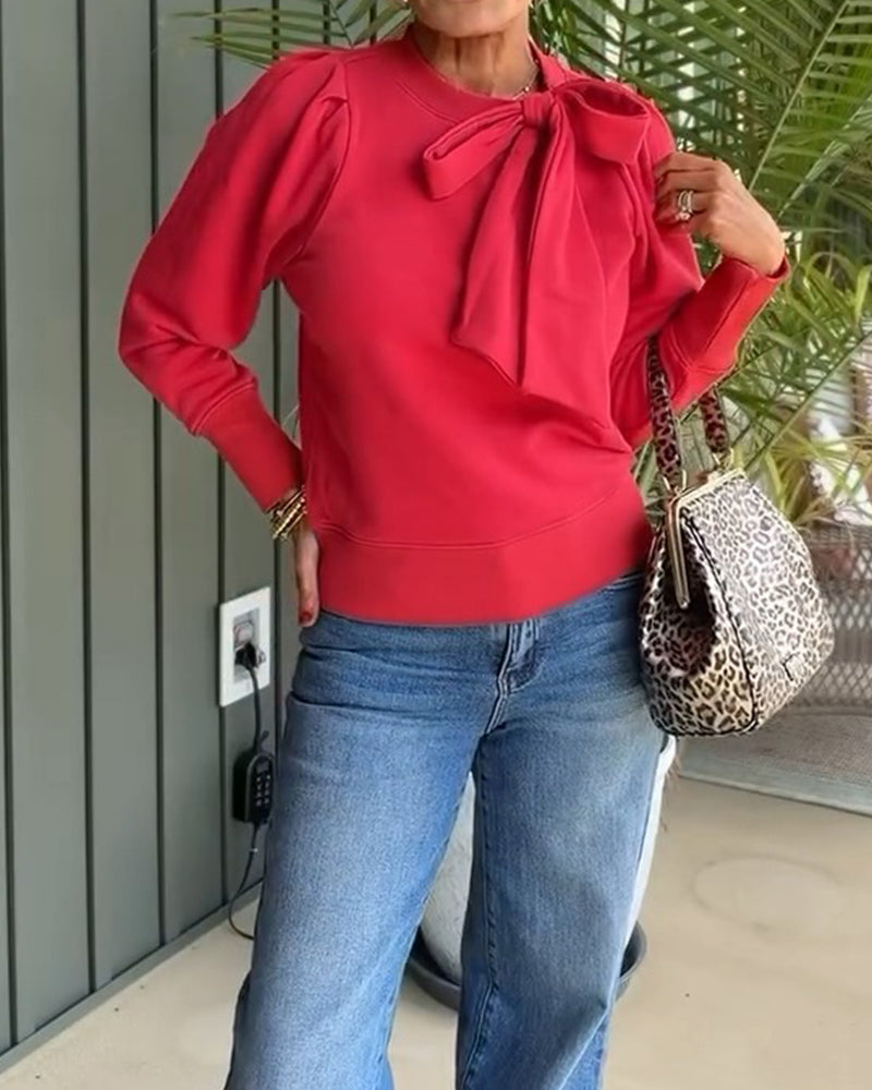 Bow Tie Puff Sleeve Sweatshirt
