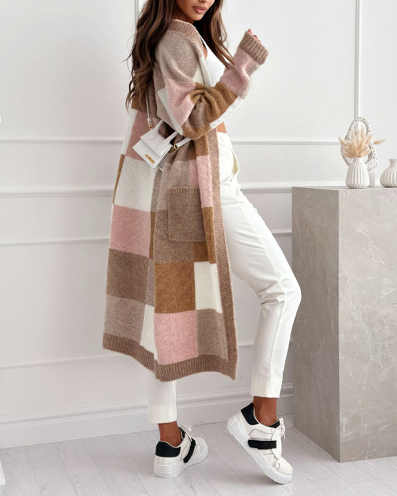 Casual contrast plaid pocket loose cardigan