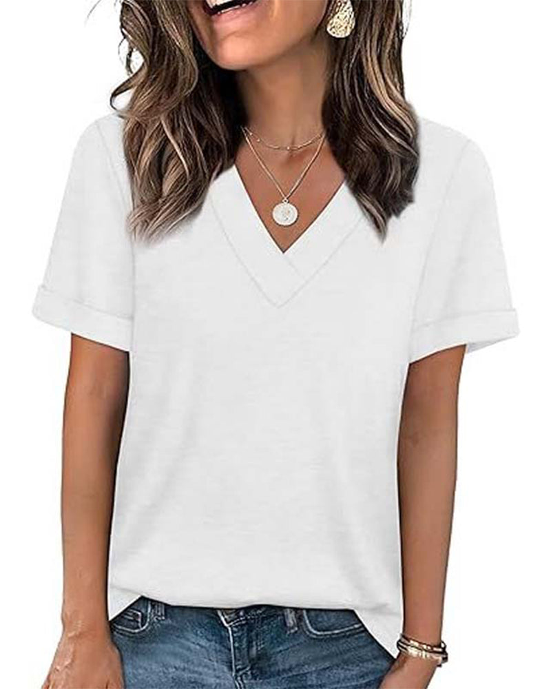 Solid V-Neck Casual Short Sleeve T-Shirt