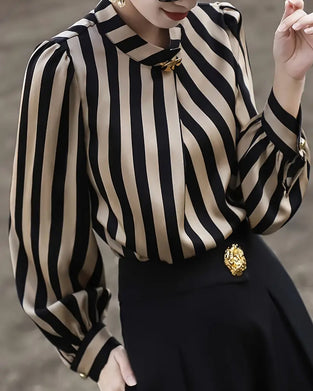 Drape Stand Collar Striped Blouse