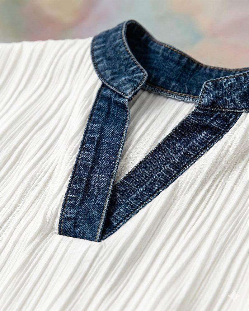 Ribbed Denim Spliced T-shirt