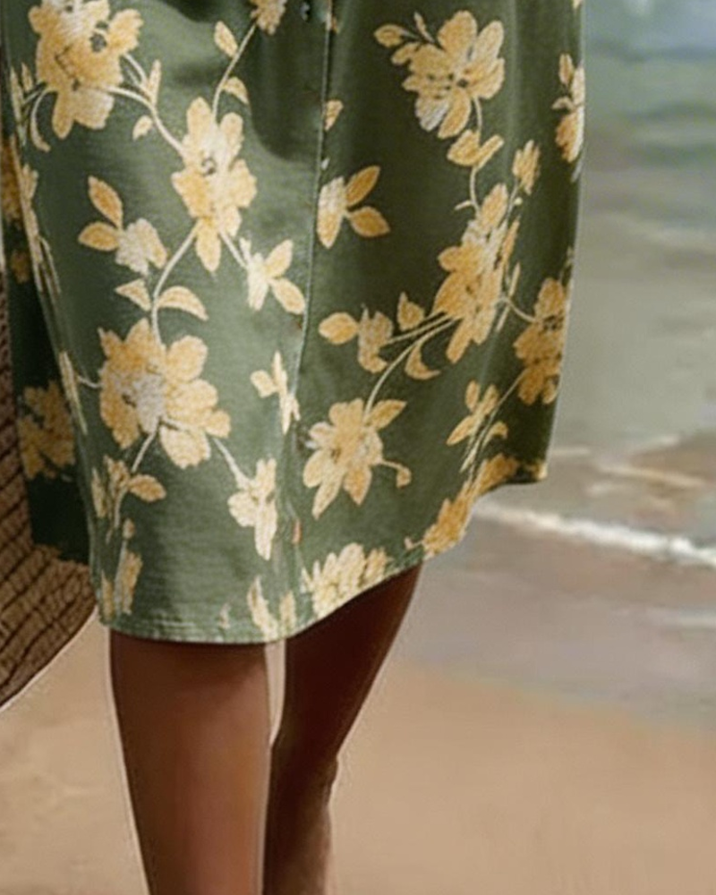 V-Neck Button-Down Floral Dress